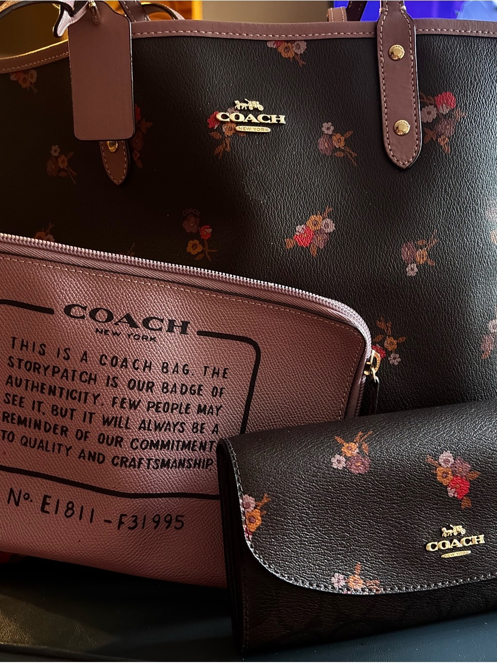 Coach Black Floral Tote with Mauve Organizer and Black Floral Wallet REVERSIBLE